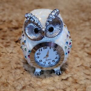 Silver and White Bejeweled Owl Clock Figurine